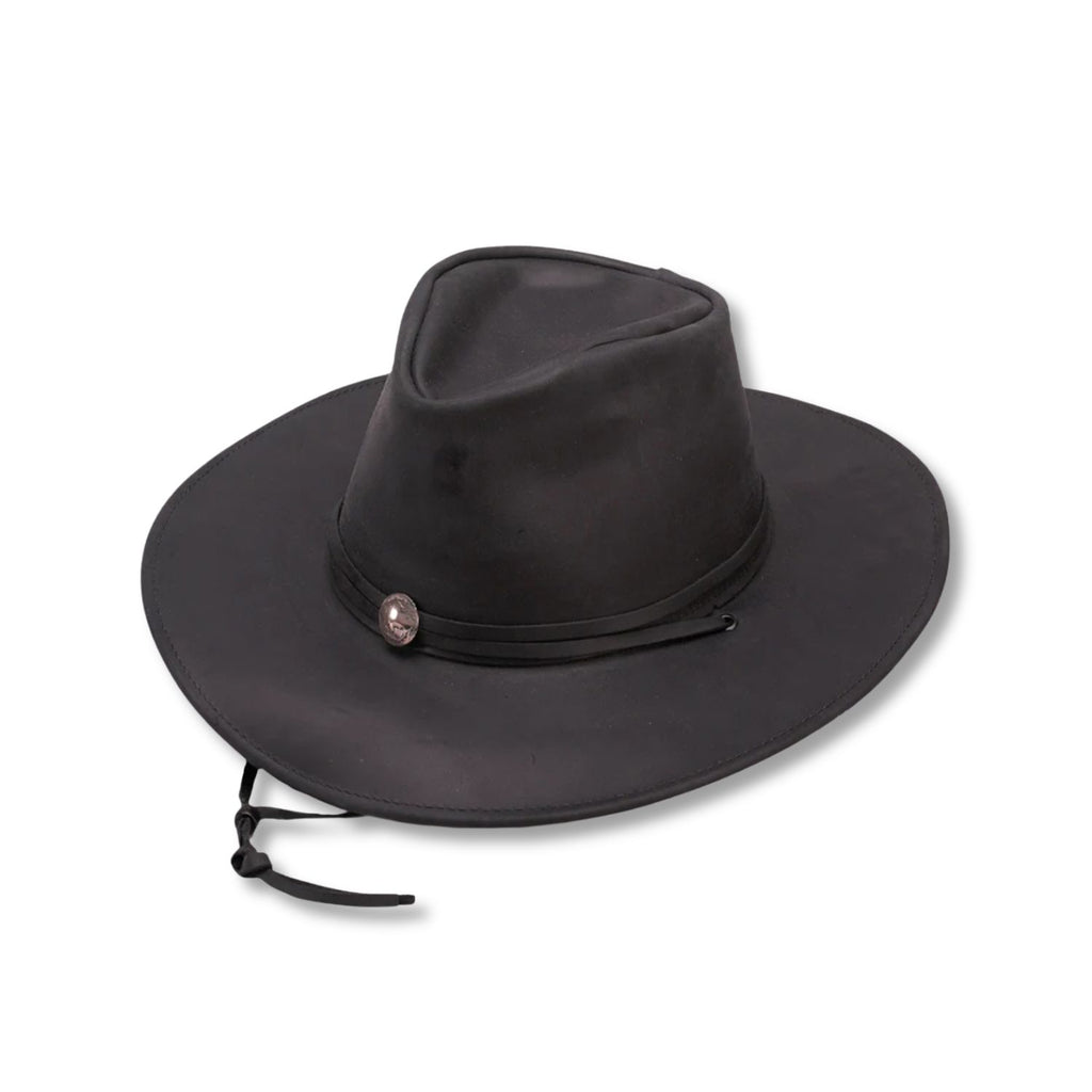 Black Leather Walker Hat - Proudly Made in the USA, Crafted from High-Quality Full Grain Leather with a Shapeable 3" Brim and Authentic Indian Concho Band for Classic Western Style