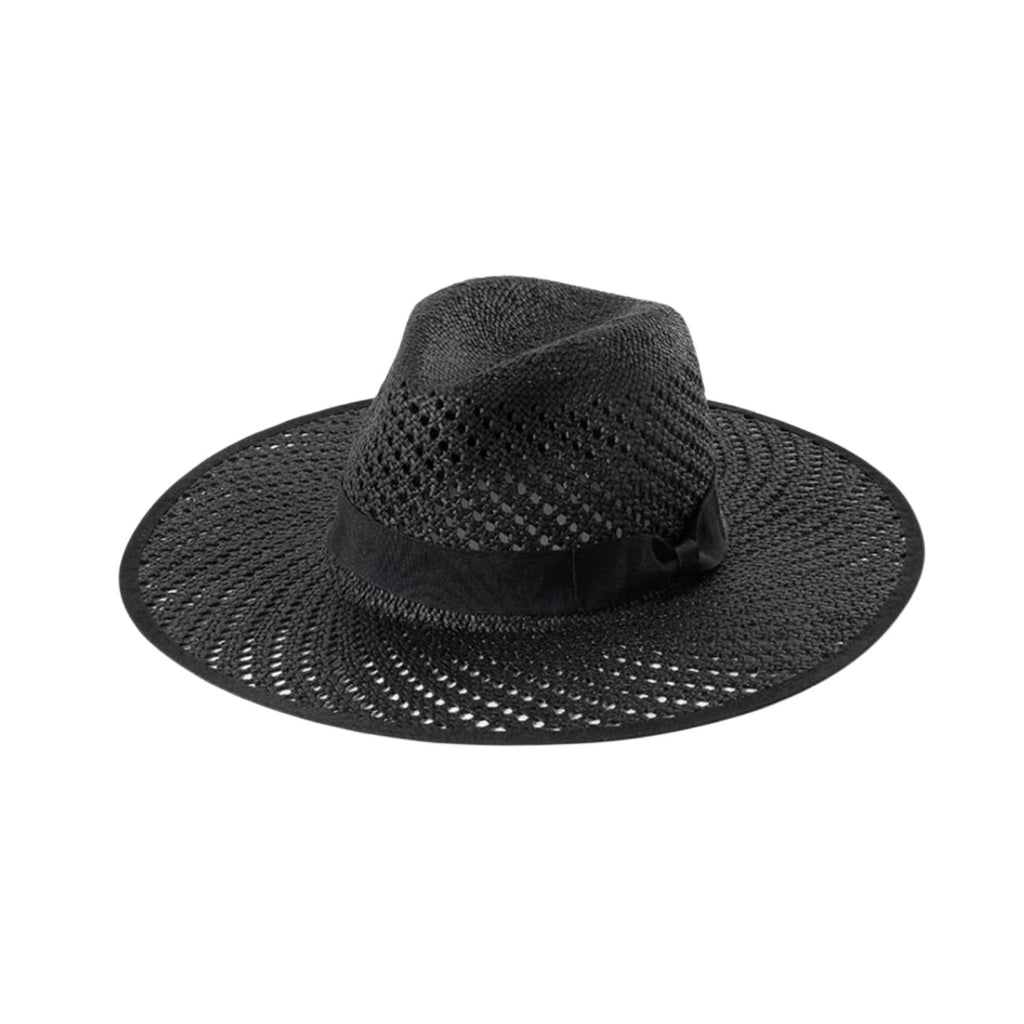 Black BreezeWoven Jazz Straw Hat with a wide brim and sweet band, featuring a stylish cut-out design.