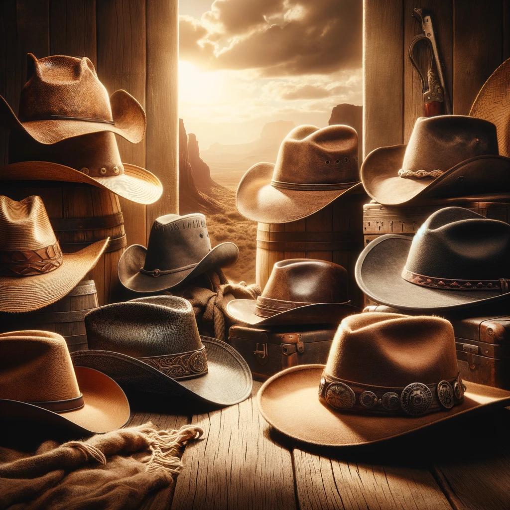 A square cover photo showcasing a diverse array of Western hats, each with unique features like wide brims and intricate band detailing, set against a backdrop of rustic wood or a desert landscape. The warm, golden lighting enhances the textures and craftsmanship of the hats, evoking the authenticity and rustic elegance of the Western spirit