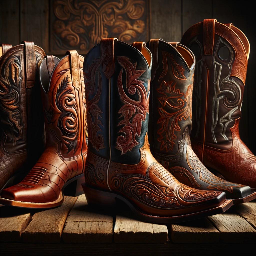 A square cover photo that celebrates the diversity and artistry of Western boots, showcasing detailed tooling, embroidery, and bold patterns. Set against a rustic backdrop, the image is warmly lit to accentuate the rich textures and colors of the leather, evoking the rustic charm and cultural heritage of the Western lifestyle.