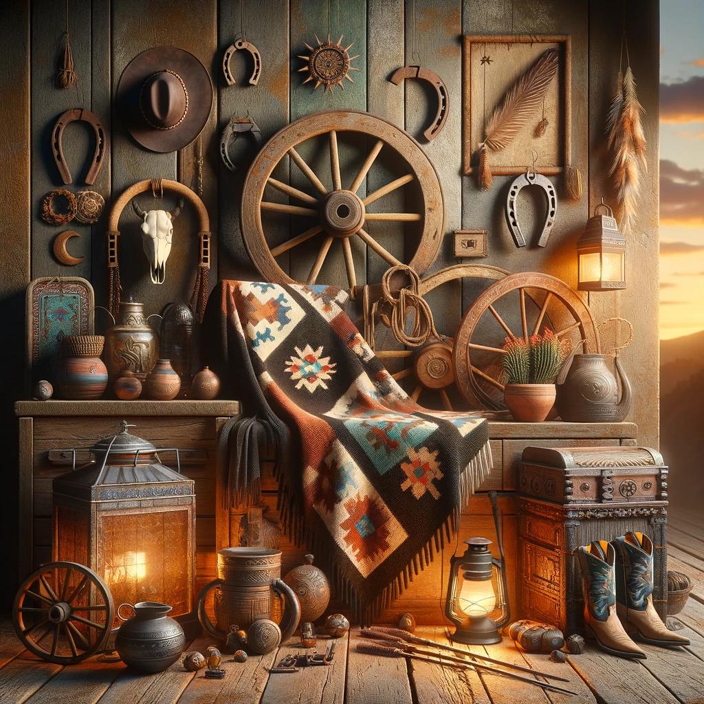 A square cover photo featuring a harmonious collection of Western decor, including horseshoes, wagon wheels, rustic lanterns, and Navajo rugs, arranged against a backdrop of aged wood or a stone fireplace. The soft glow of sunset light enhances the textures and craftsmanship, evoking a warm, authentic atmosphere that captures the essence and cultural significance of the Western lifestyle.