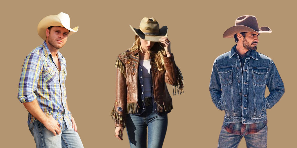 A vibrant cover photo showcasing a male and female model dressed in a mix of classic and modern Western fashion, standing confidently in a desert landscape. The man wears a cowboy hat, denim jacket, and boots, while the woman sports a cowgirl hat, flannel shirt, and denim. Behind them, the expansive desert scenery under a clear blue sky captures the adventurous spirit of the Wild West.