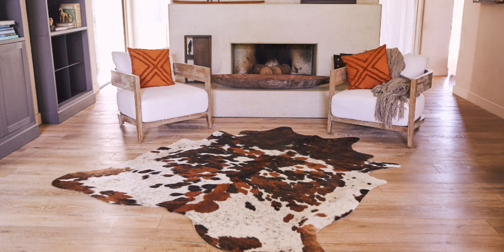 A cowhide rug placed elegantly on the floor in a modern living room, enhancing the decor with its unique texture and style