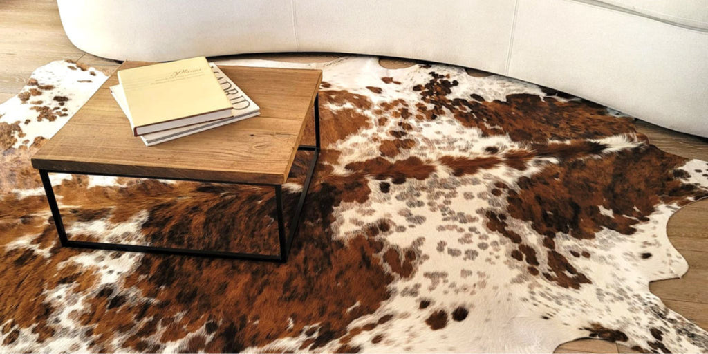 Real cowhide rug displayed in a modern living room