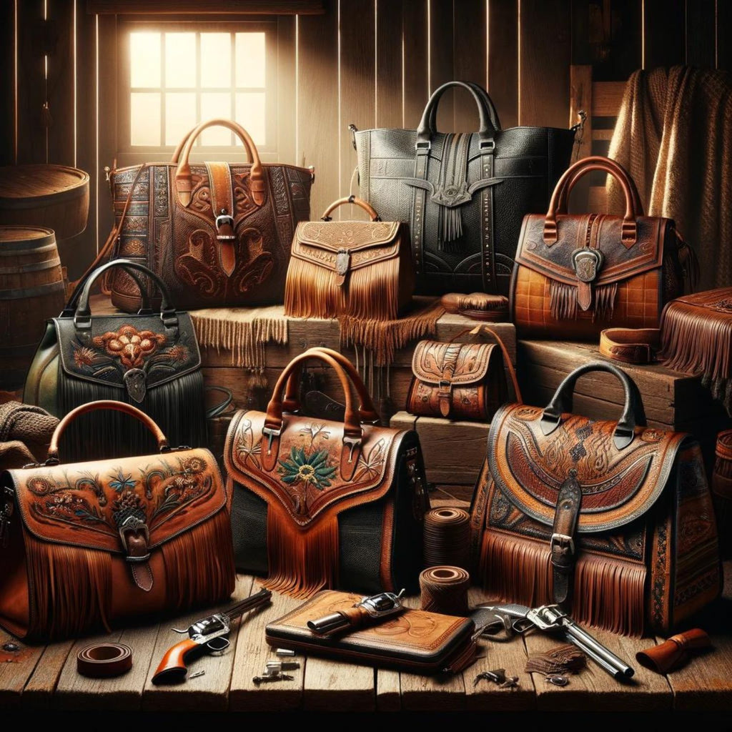 A square cover image showcasing an elegant array of leather Western-style bags, each adorned with unique features like fringes, embroidery, and intricate patterns, set against a rustic barn wood backdrop, illuminated by warm, inviting light to reveal the exquisite craftsmanship and heritage of Western design.