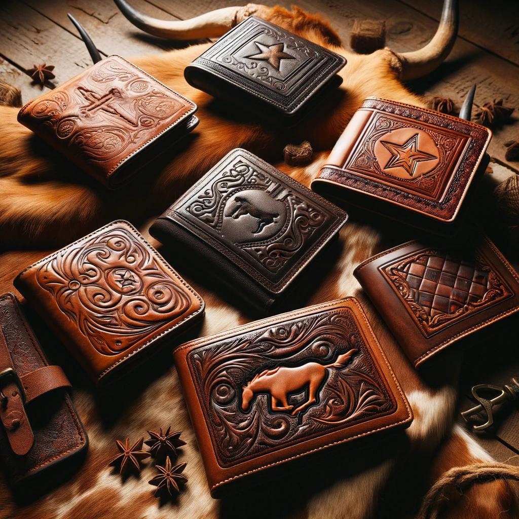 A square cover photo of a Western wallets collection, with each leather wallet displaying distinctive features like embossed designs, silver conchos, and classic tooling against a backdrop of weathered wood or vintage textile. The warm, inviting lighting highlights the craftsmanship and unique style of each wallet, celebrating the meticulous attention to detail and the heritage of the Western tradition.