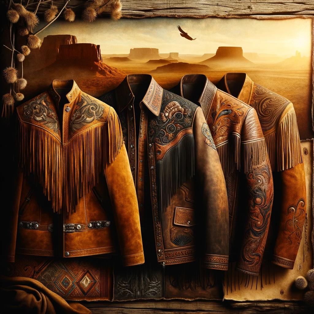 A square cover image showcasing a collection of Western jackets, each featuring fringe, detailed embroidery, leather accents, and distinctive patterns against a backdrop of rustic barn wood or a scenic desert vista. Warm, natural light highlights the textures and craftsmanship, presenting the jackets as emblematic of both the functionality and style of Western wear, inviting viewers to appreciate the unique beauty and heritage of each piece.