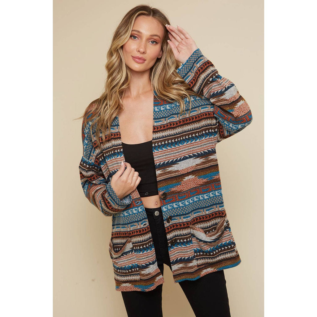 Aztec Print Cardigan - Desert Sage Teal Multi