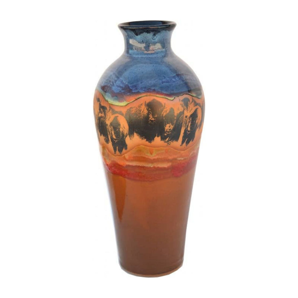 Bison Stampede Tall Vase - Handcrafted Pottery Vase with Bison Motif