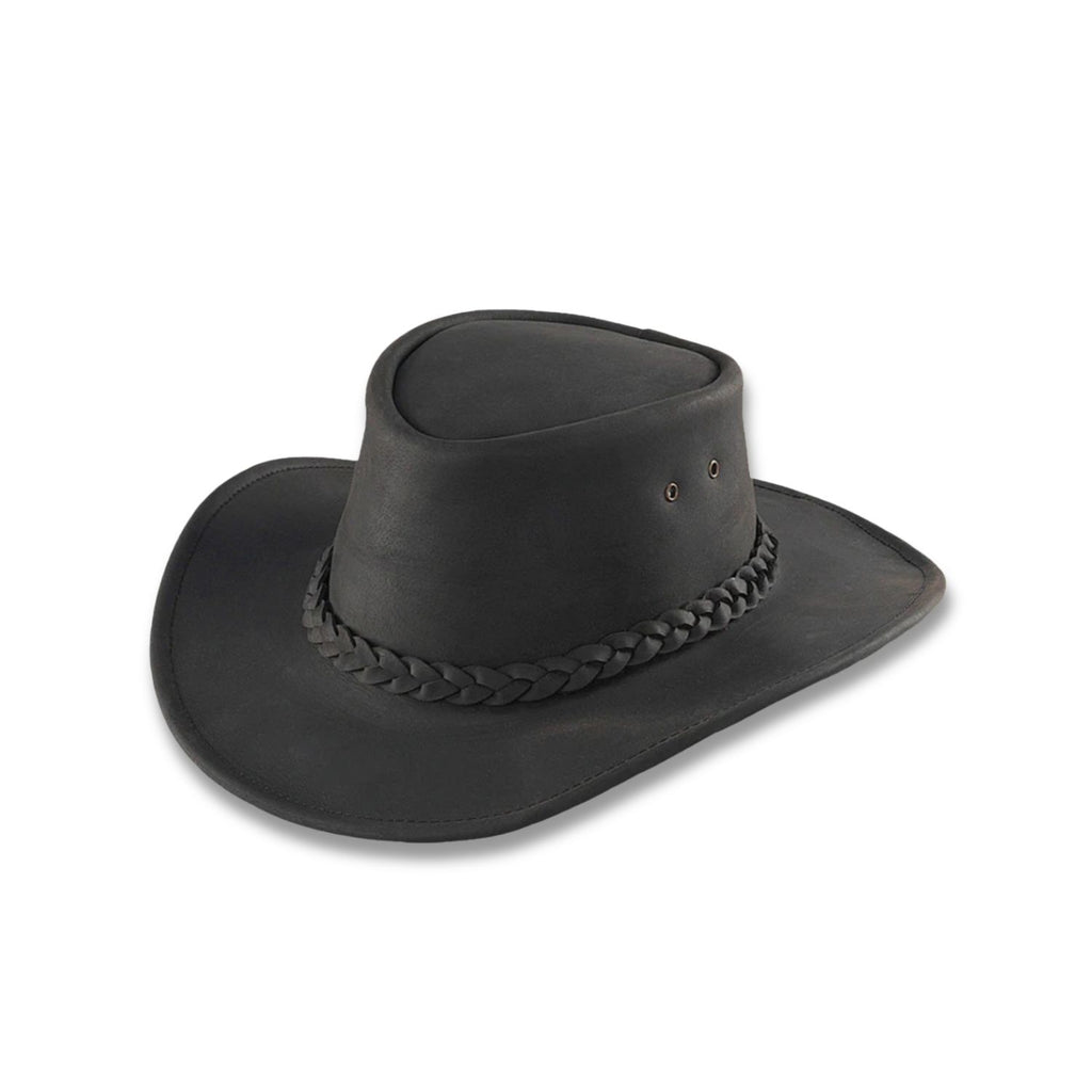 An image showcasing a finely crafted black leather cowboy hat, featuring intricate stitching and a classic design. The hat's durable material and detailed workmanship highlight its quality, suitable for both fashion and functional outdoor wear.