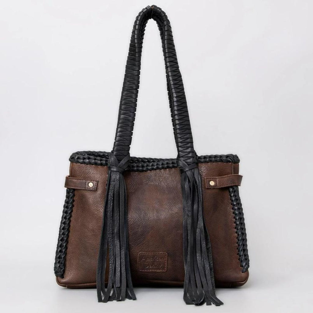 Back view of the Black Western Braided Leather Tote featuring intricate braiding, leather fringes, and durable craftsmanship.