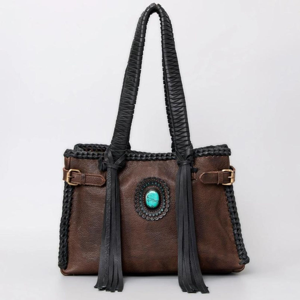 Black Braided Sage Western Leather Tote with turquoise stone and leather fringe detailing