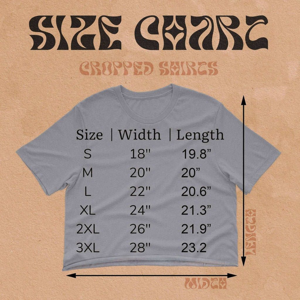 Size chart for the Cowgirl Boot Scootin Kitties Crop Top.