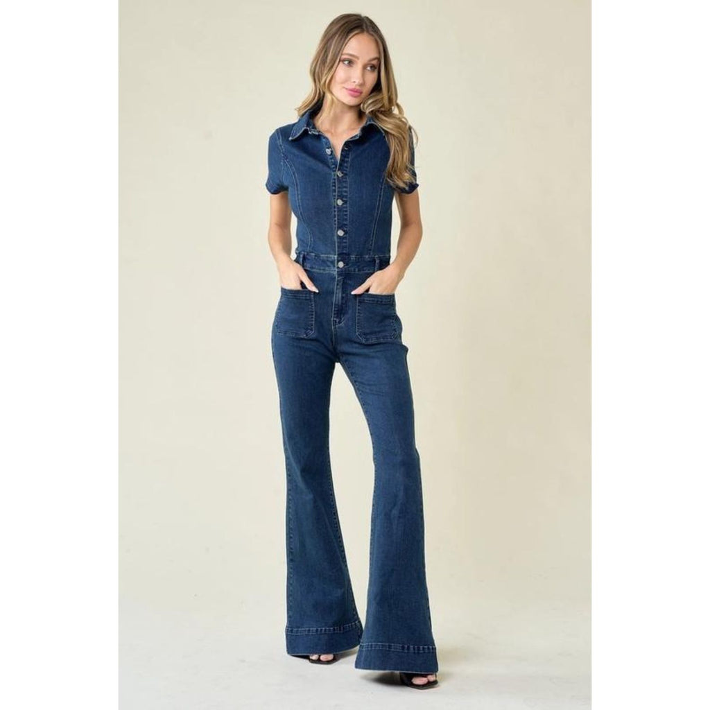 Bronco Belle Bellbottom Dark Denim Jumpsuit - Embrace Western Style with Flare