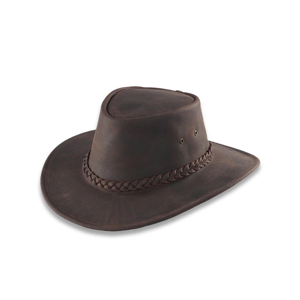 Brown Cowboy Leather Hat. Crafted from premium cowhide leather, this hat is the perfect accessory for any cowboy outfit.