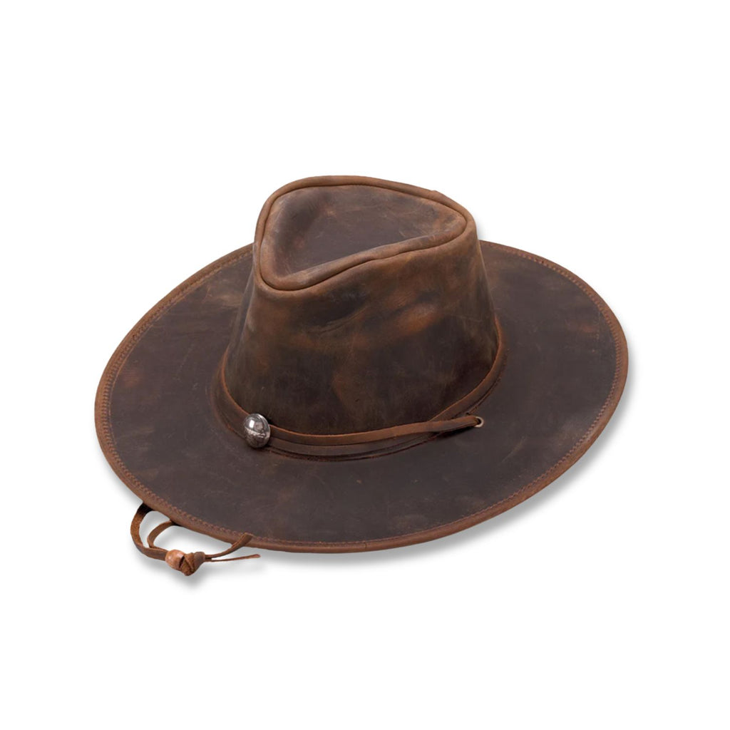 Brown Leather Walker Hat - Proudly Made in the USA, Crafted from High-Quality Full Grain Leather with a Shapeable 3" Brim and Authentic Indian Concho Band for Classic Western Style