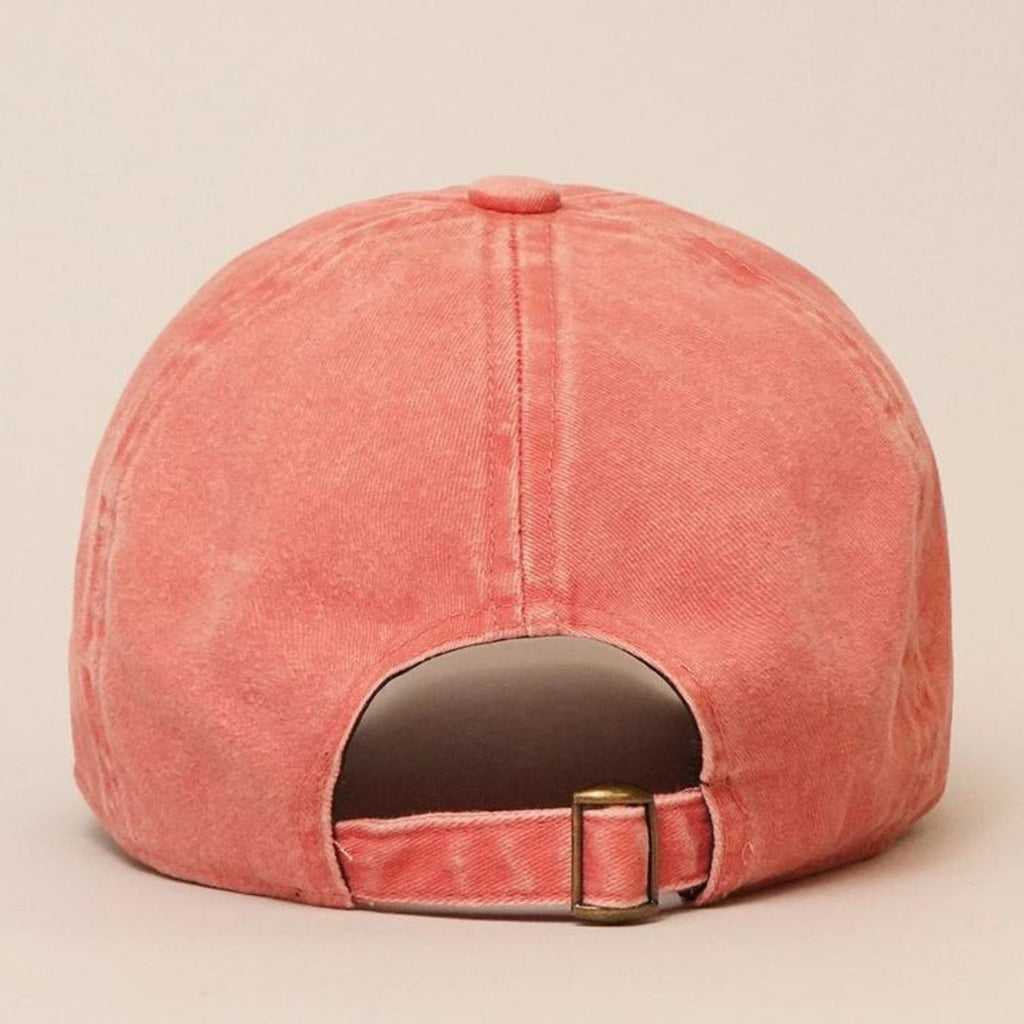 Back view of a Cactus Embroidered Cotton Baseball Dad Cap in faded red, showing the adjustable strap with metal buckle.