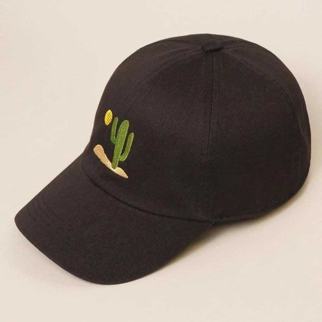 A black Cactus Embroidered Cotton Baseball Dad Cap featuring a cactus and sun design on the front with a pre-curved visor and relaxed fit.