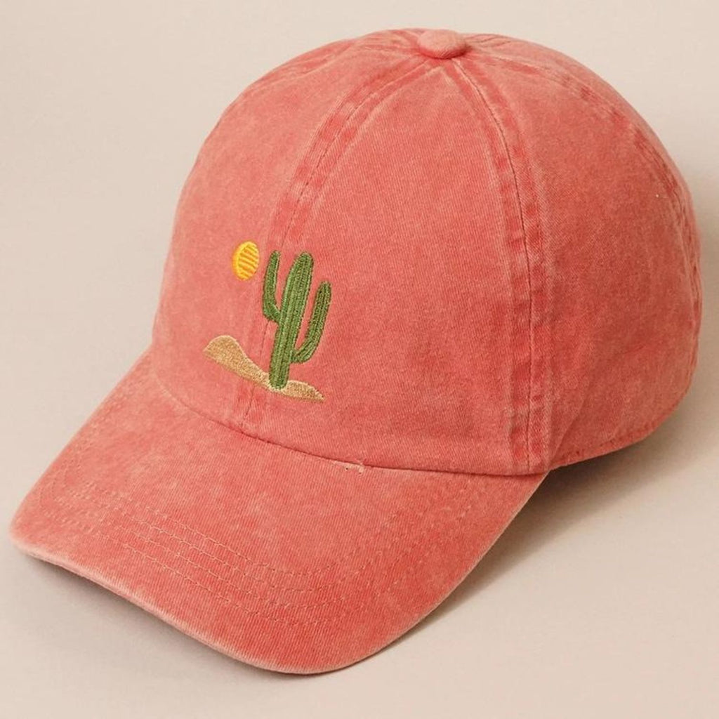 Cactus Embroidered Cotton Baseball Dad Cap in faded red, featuring a pre-curved visor and a cactus design on the front.