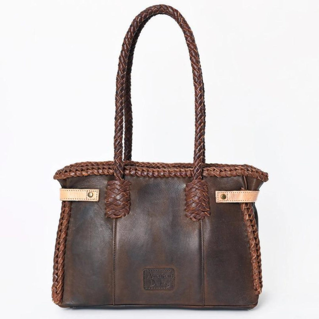  Back view of the Braided Sage Western Leather Tote in Chestnut Brown, showcasing detailed leather braiding and sturdy straps.