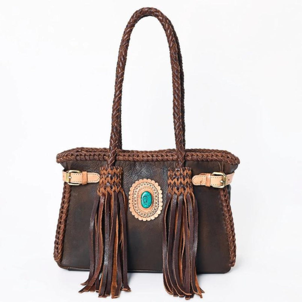 Braided Sage Western Leather Tote in Chestnut Brown with intricate leather braiding and a soft brown finish, featuring turquoise stone embellishment and tassels.