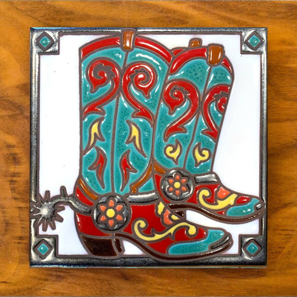 Front view of hand-glazed Cowboy Boots Tile