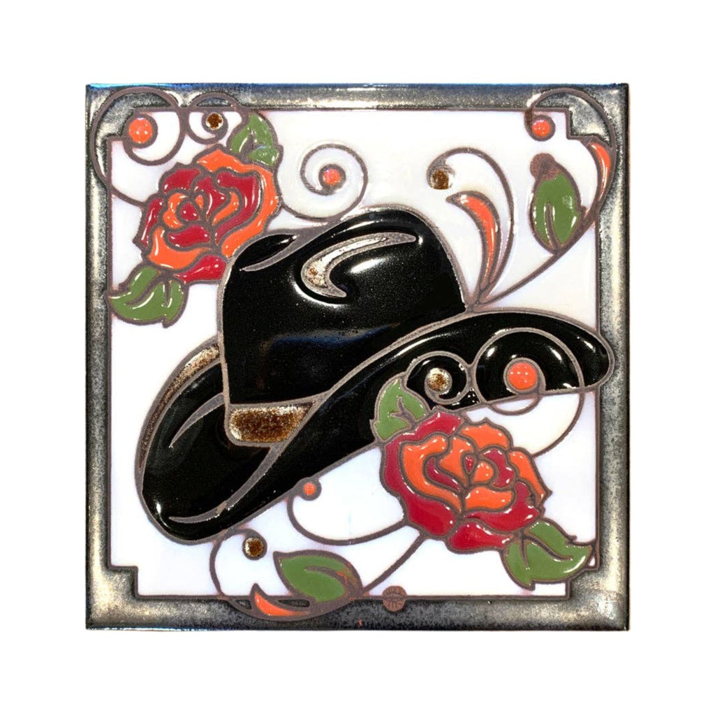 Hand-glazed cowboy hat tile with rustic design