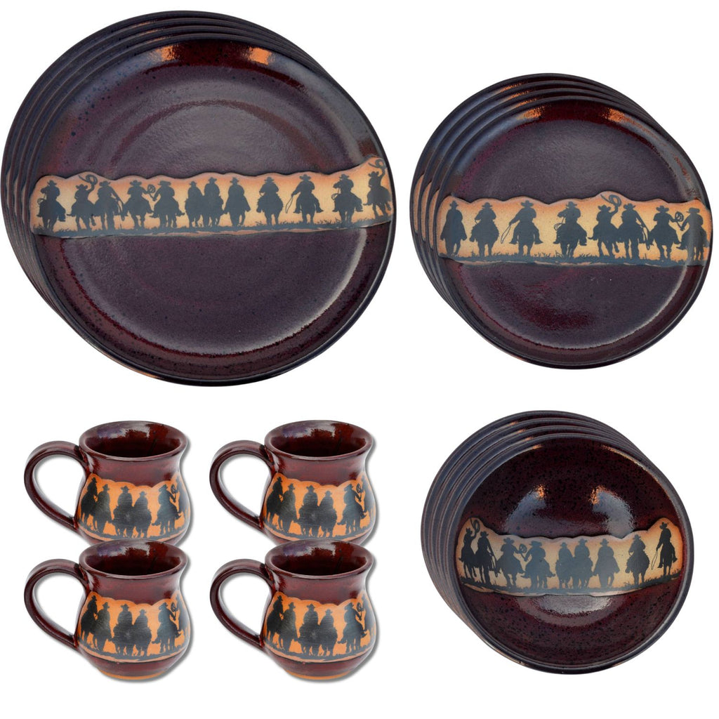 Complete dining set with cowboy motif, serving 4 people