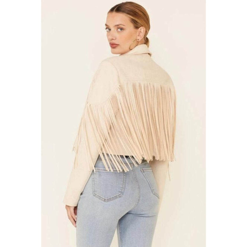 Cream Leather Fringed Jacket - Western Fashion