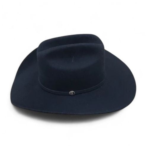 Top view of the Dakota Range Black Cowboy Hat crafted from a fine blend of Bolivian cashmere and wool, showcasing its Cattleman crown and a classic hatband with a decorative emblem.