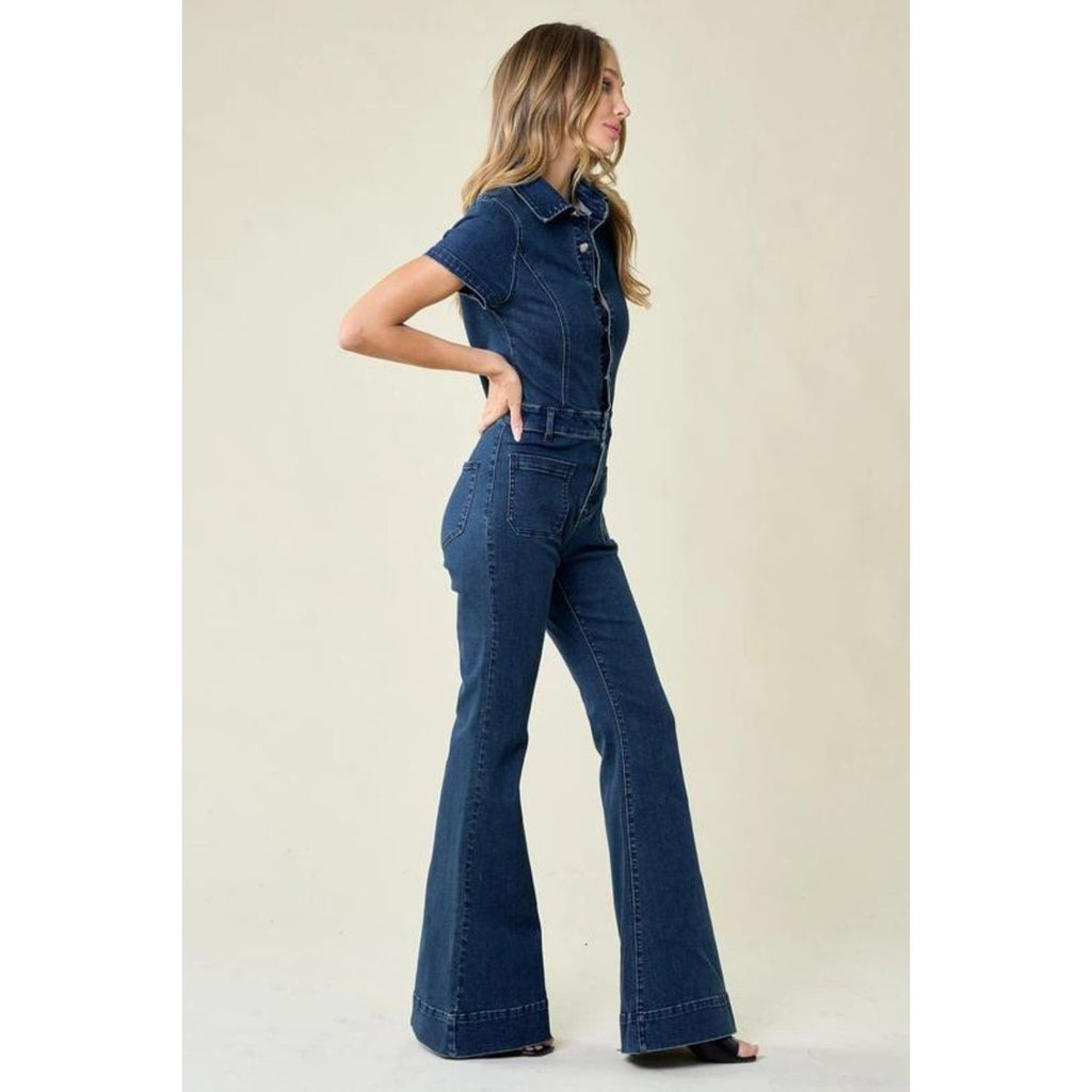 Dark Denim Flare Jumpsuit - Make a Statement in Our Western-Inspired Attire