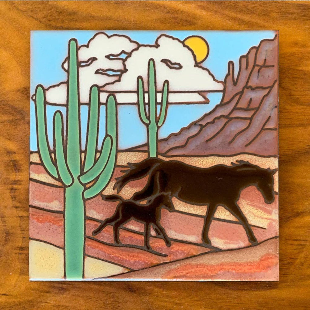 Front view of the hand-glazed Desert Horses tile from Cowpoke Crafts.