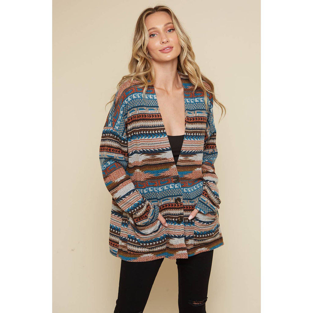 Desert Sage Teal Multi Aztec Print Cardigan - Western Boho Fashion