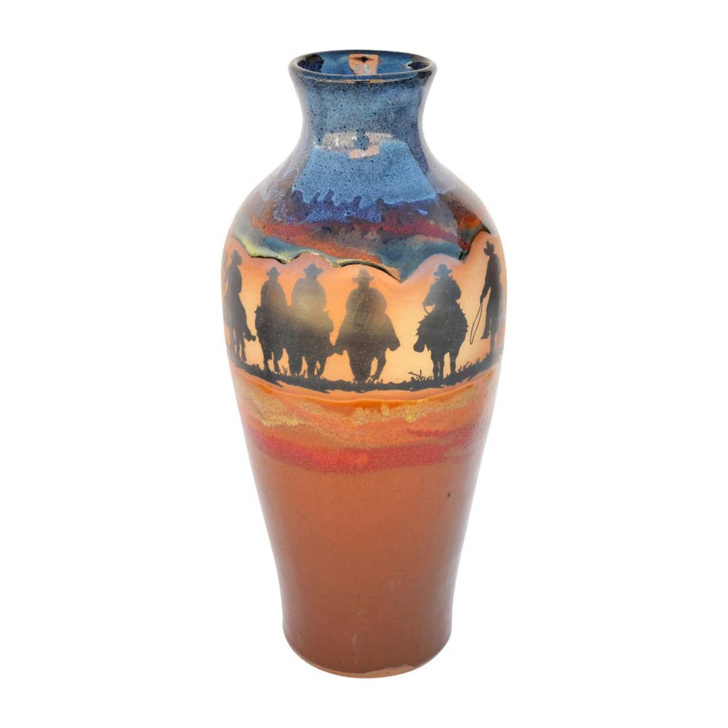 Desert Sunset Cowboy Roundup Tall Vase on display with rustic decor