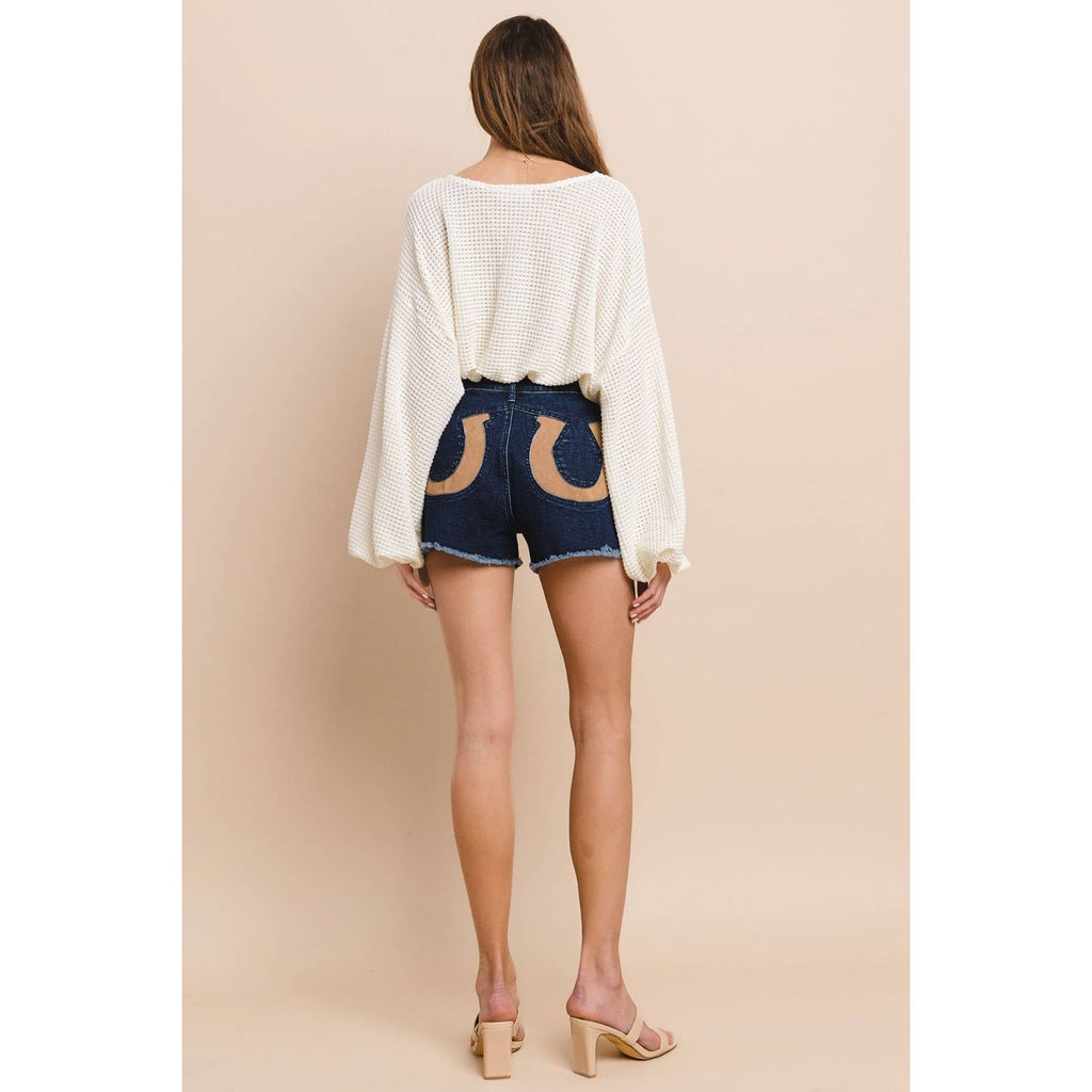 Horseshoe Detail Denim Shorts - Add a Touch of Western Charm