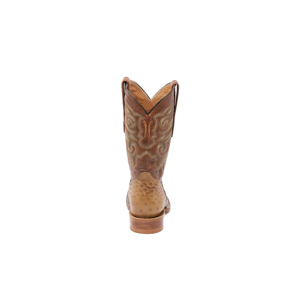 Back view of Prairie King ostrich cowboy boots featuring pull straps for easy on and off.