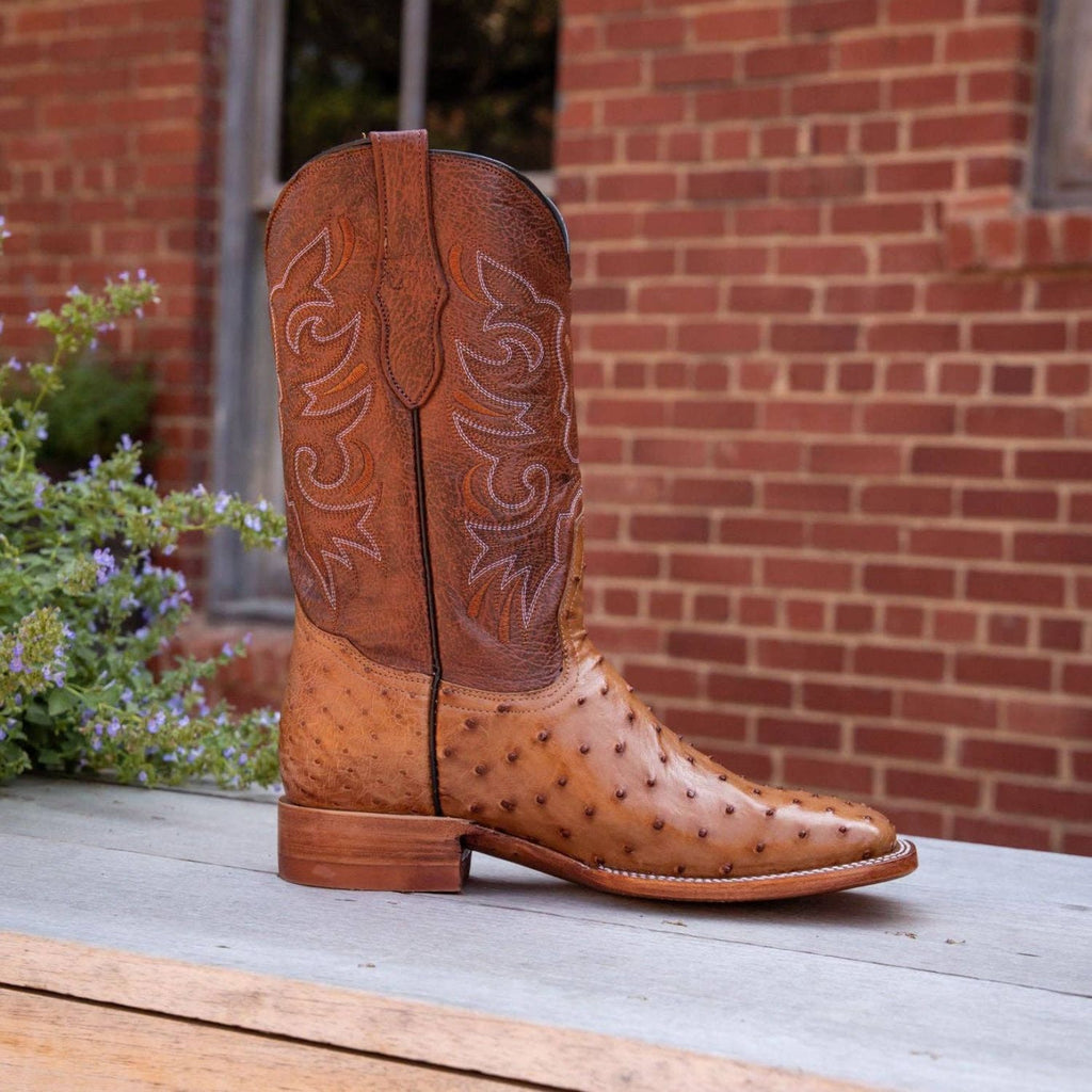 Close-up of Prairie King ostrich cowboy boots highlighting the intricate embroidered stitching.