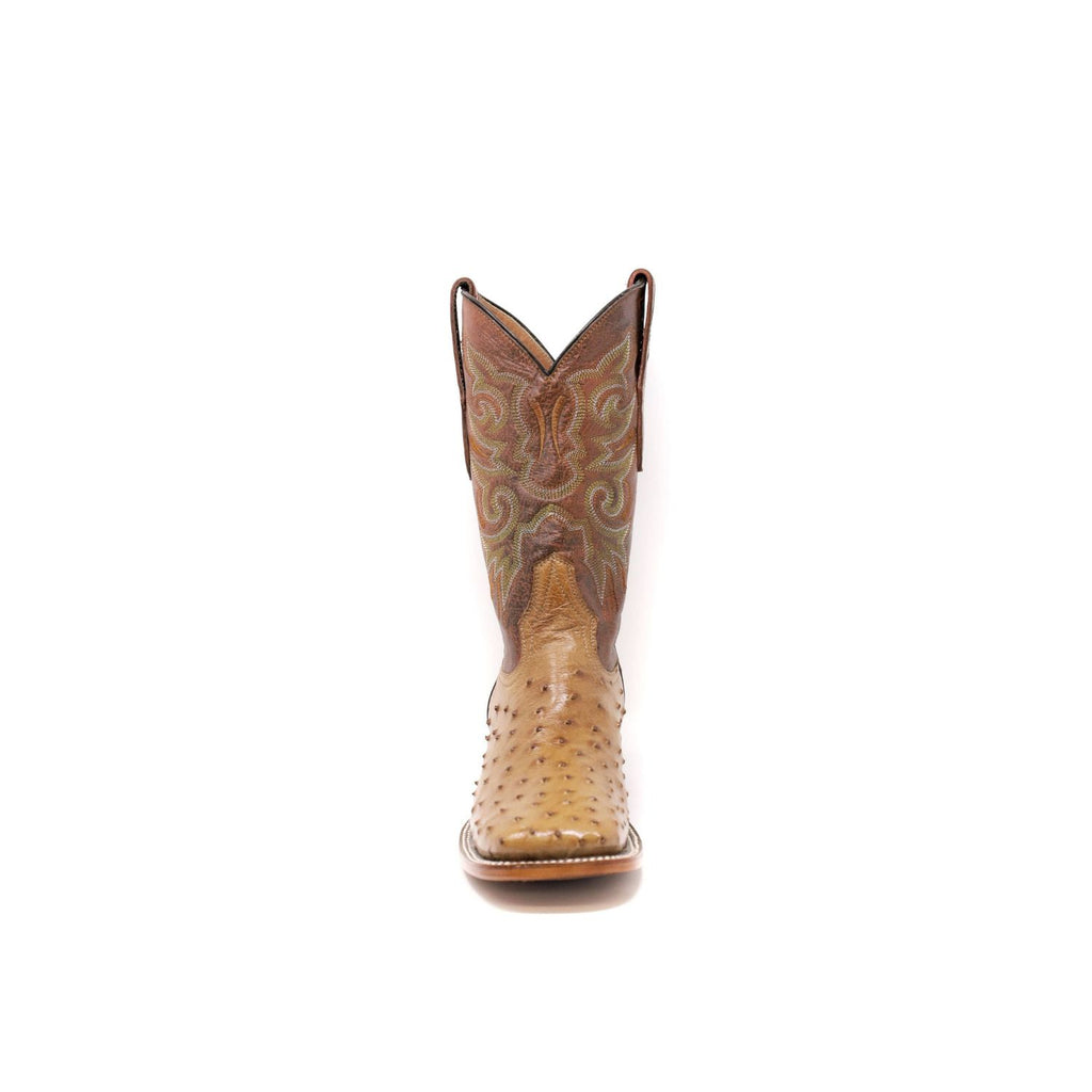 Front view of Prairie King ostrich cowboy boots showcasing intricate stitching and full quill ostrich leather.