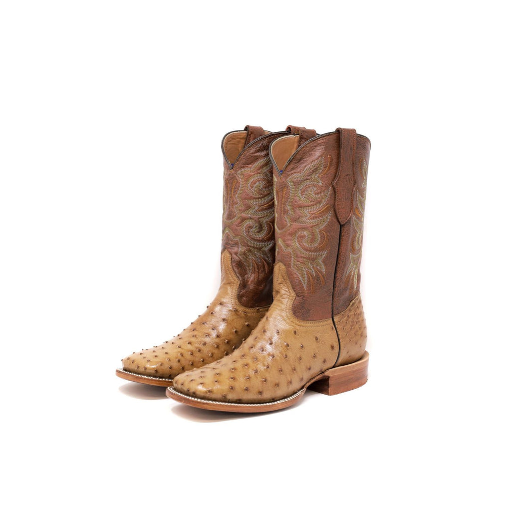 Prairie King ostrich cowboy boots featuring full quill ostrich leather and western stitching.