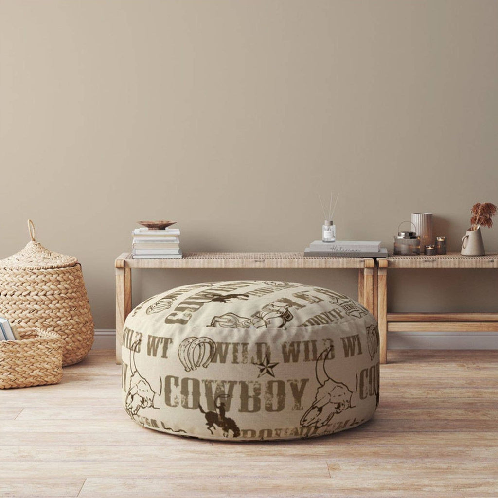  Lifestyle image showing the versatility of the 24" round cowboy pouf ottoman in a living room setting.