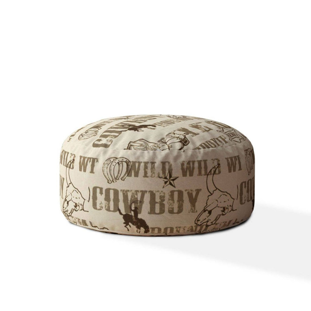 View of the 24" brown cotton round cowboy pouf ottoman in a western-themed room setting.