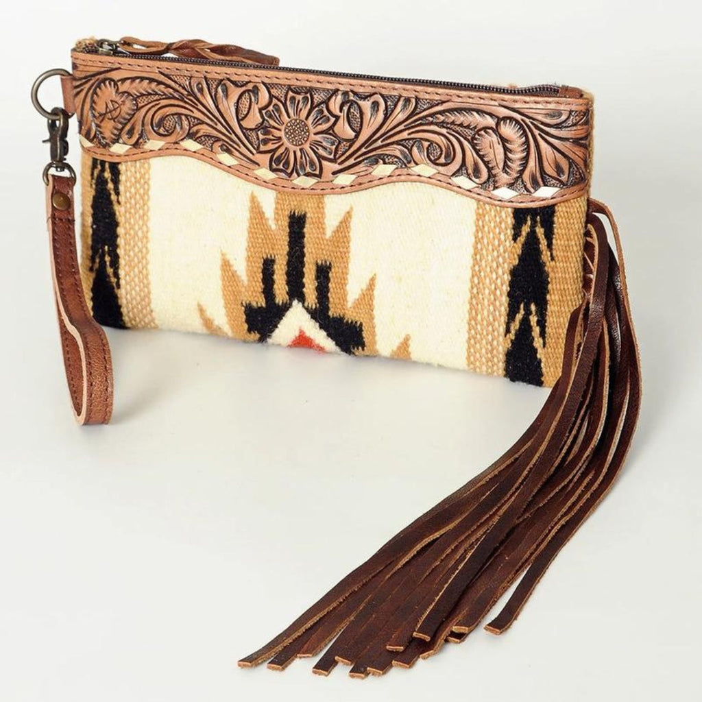 Saddle Blanket Sunset Wristlet with leather fringe and hand-tooled details