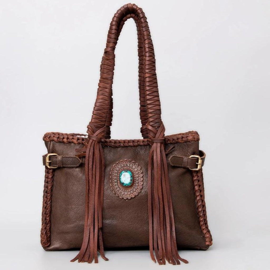 Saddle Brown Braided Sage Western Leather Tote with turquoise stone and leather fringe detailing.