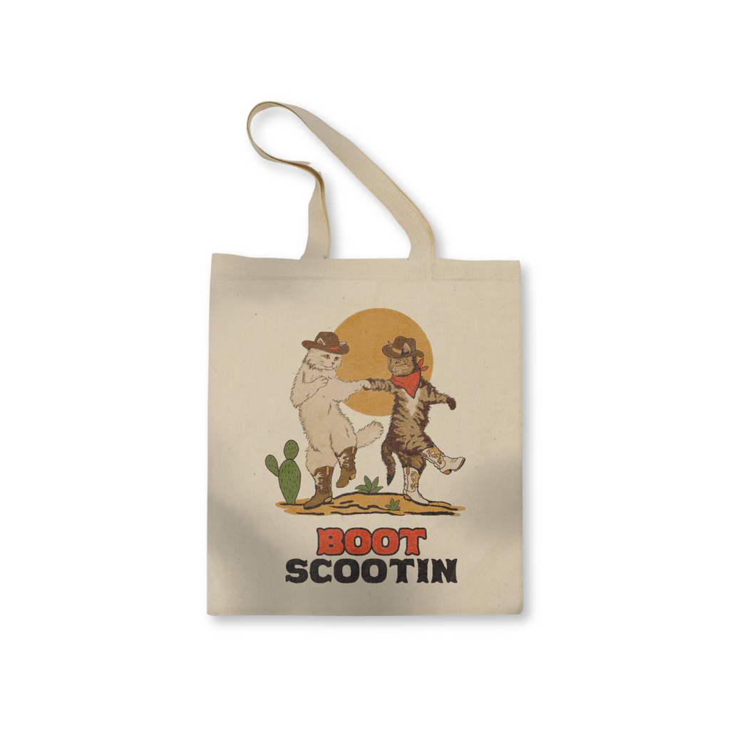 The front view of the Boot Scootin Kitties tote bag featuring a Western-inspired sublimation design.