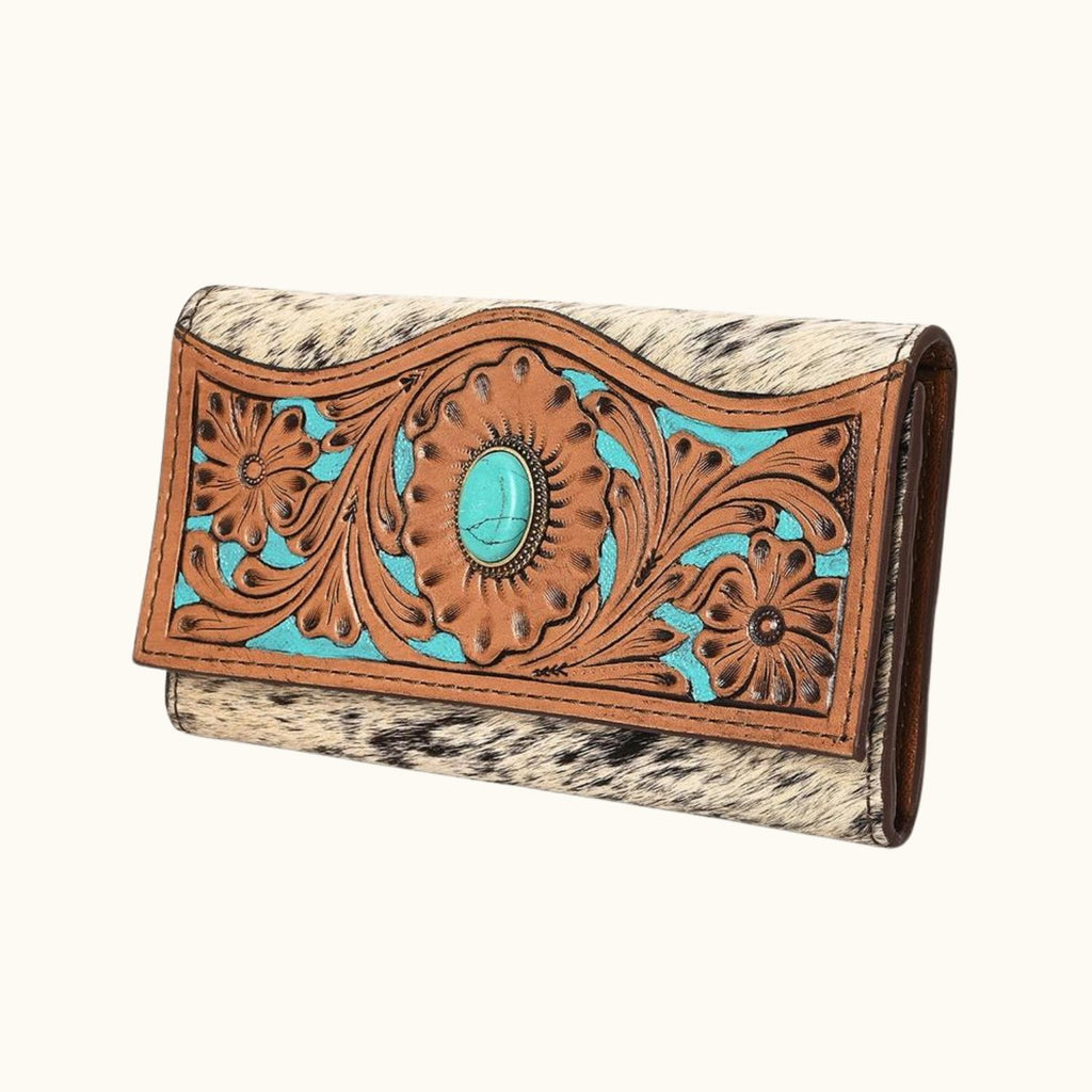 Angled View of Sierra Sky Handcrafted Wallet showcasing detailed floral tooling and turquoise stone