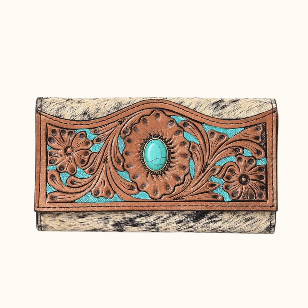 Sierra Sky Handcrafted Wallet - Front View with Turquoise Stone and Western Floral Design