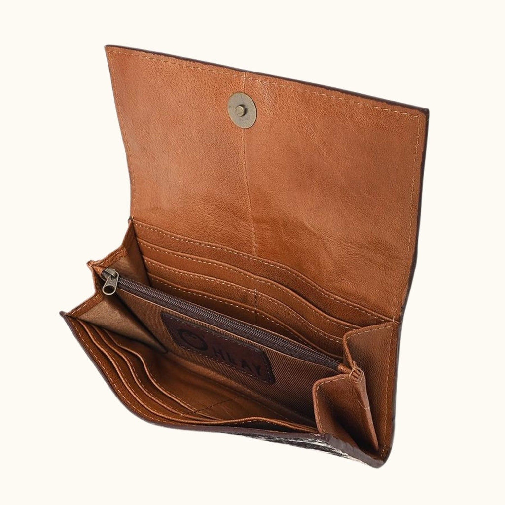 Interior of Sierra Sky Handcrafted Wallet showing compartments for cards and cash