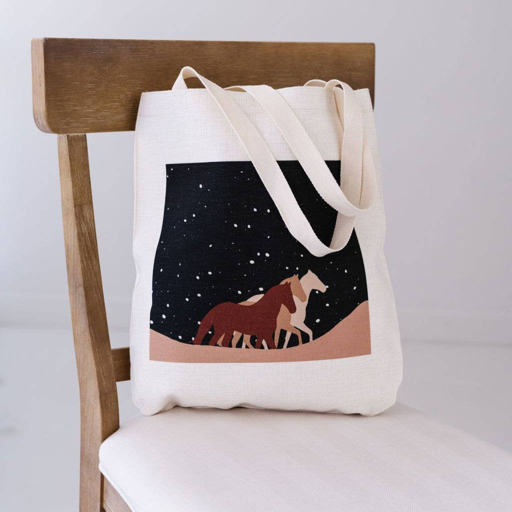 Snowy Trails Horse Landscape Tote in Navy - Embark on a Western Adventure with Our Stylish Tote Bag