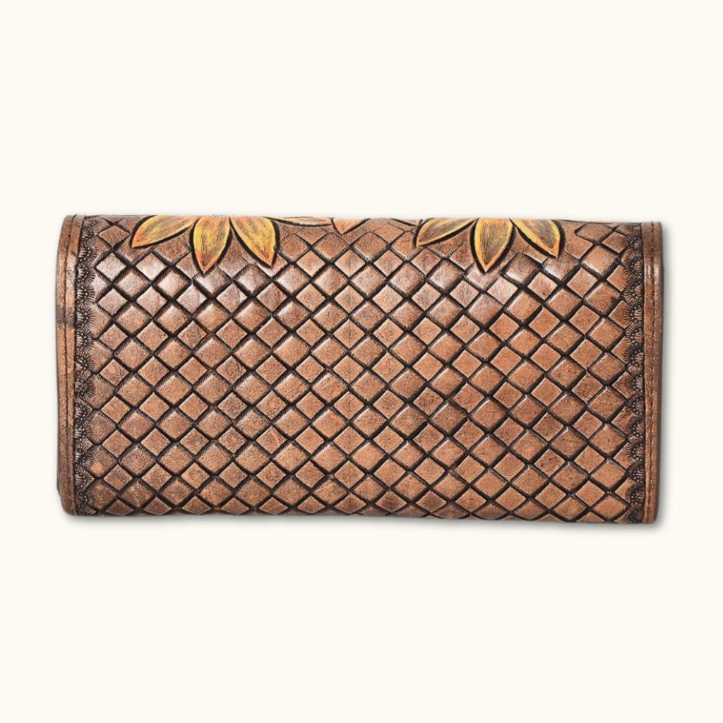 Back view of the Sunflower Bliss Handcrafted Leather Wallet featuring a basketweave design on vegetable-tanned American cowhide leather.