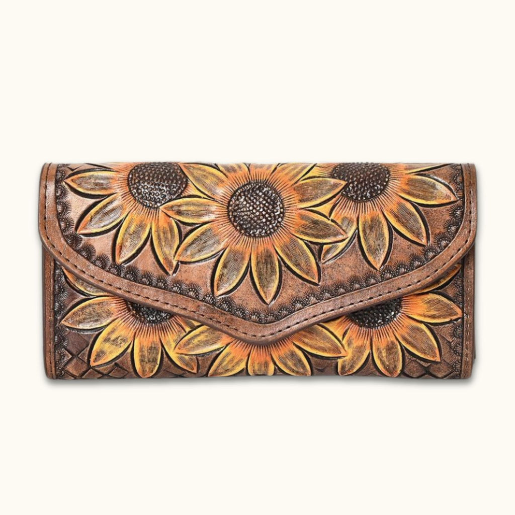 Sunflower Bliss Handcrafted Leather Wallet front view showcasing detailed hand-tooled sunflower design on vegetable-tanned American cowhide leather.